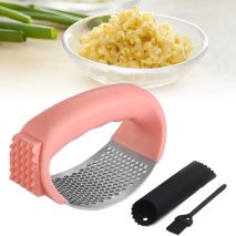2025 New Upgraded Garlic Press Rocker, Stainless Steel Presser, Mincer Crusher Masher With Peeler and Cleaning Brush, Chopper for Smash Kitchen Gadgets Tools (Pink)